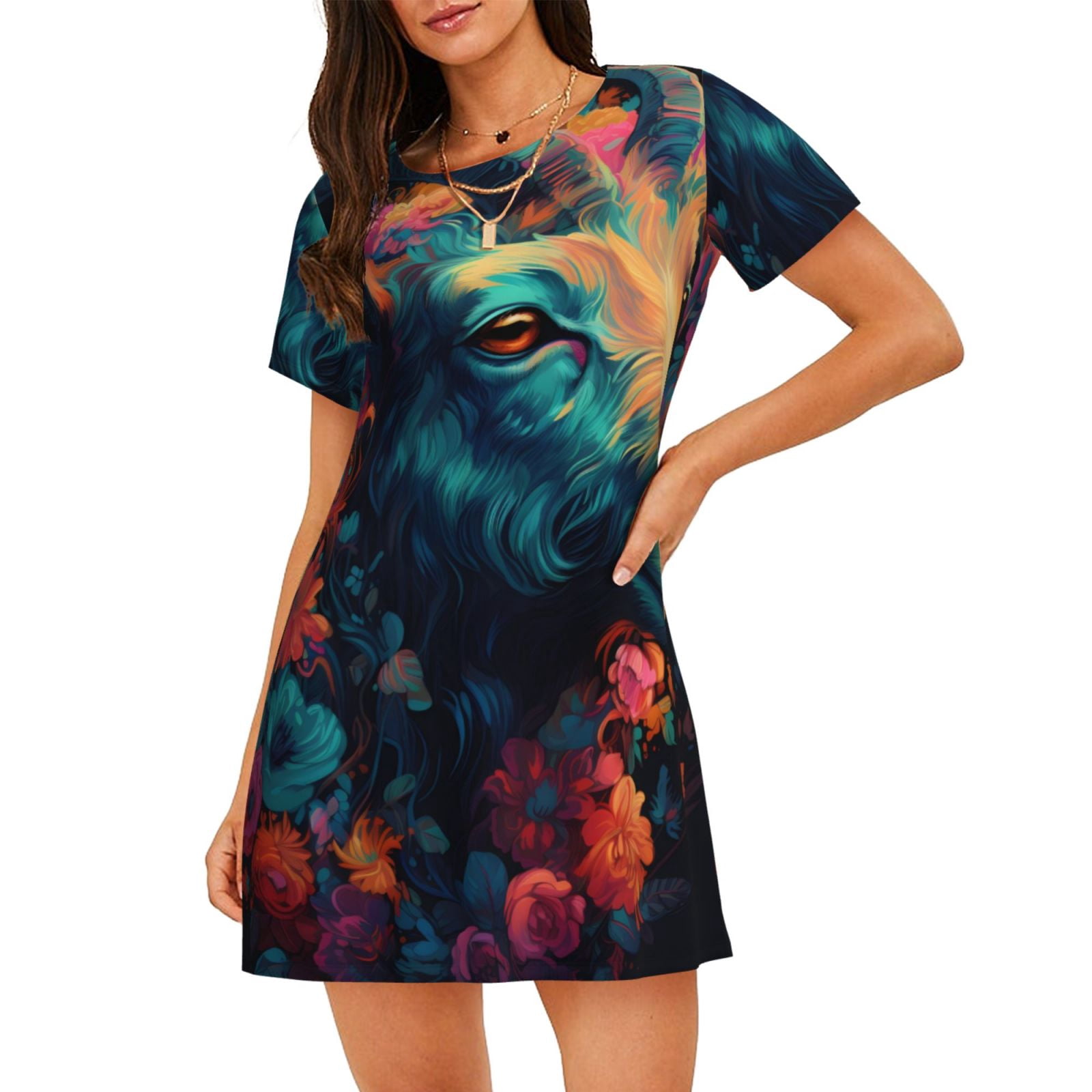 Kdxio Chemise de Nuit Femme Imprimé Fleur Colorée Chèvre Manches Courtes Décontractée Ample Confortable Pyjama