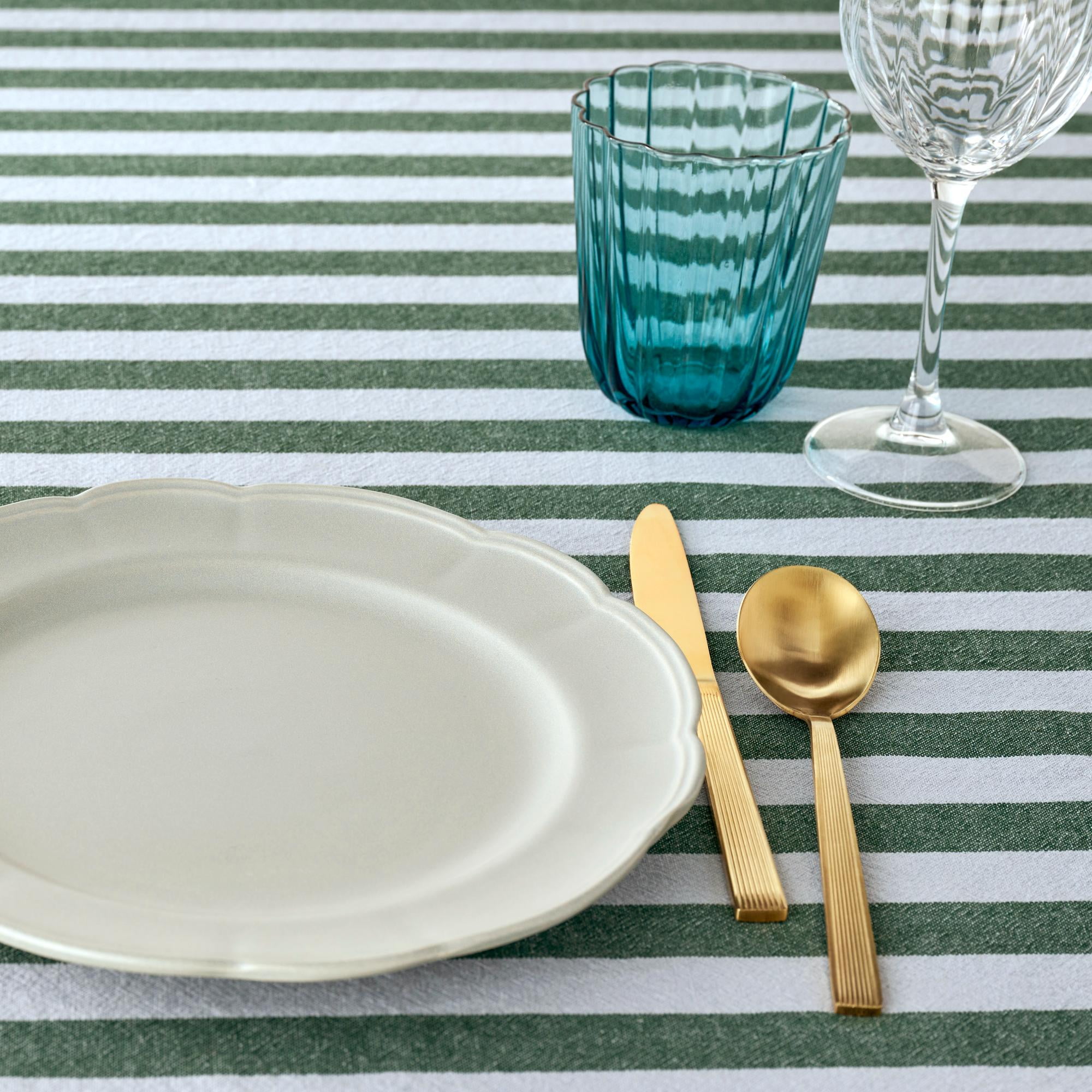 Beautiful Home by Drew Barrymore Yarn Dyed Stripe Whipstitch Fabric Tablecloth, Thyme Blue, 70" Round