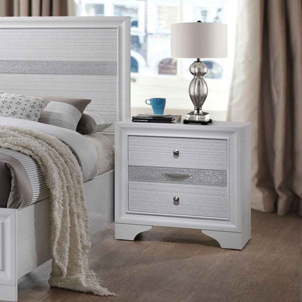 White 2-Drawer Nightstand with Silver Knobs and Trim