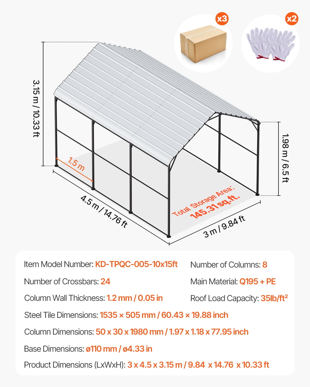 KFFKFF Heavy Duty Metal Carport 10' x 15' Outdoor Shelter with Galvanized Steel Frame & Roof, Car Tent Garage Shade with Detachable Sidewalls for Vehicles, Boats, Equipment