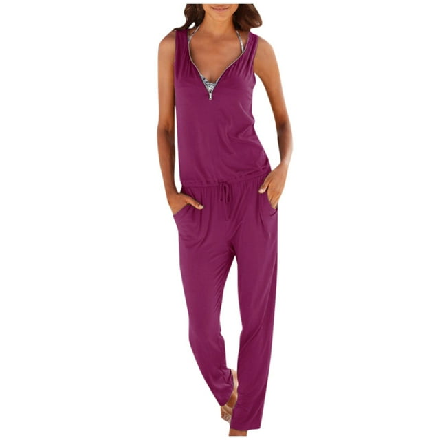 Fridja Womens Plus Size Solid Color Zip V-neck Cultivate One's Morality Jumpsuit