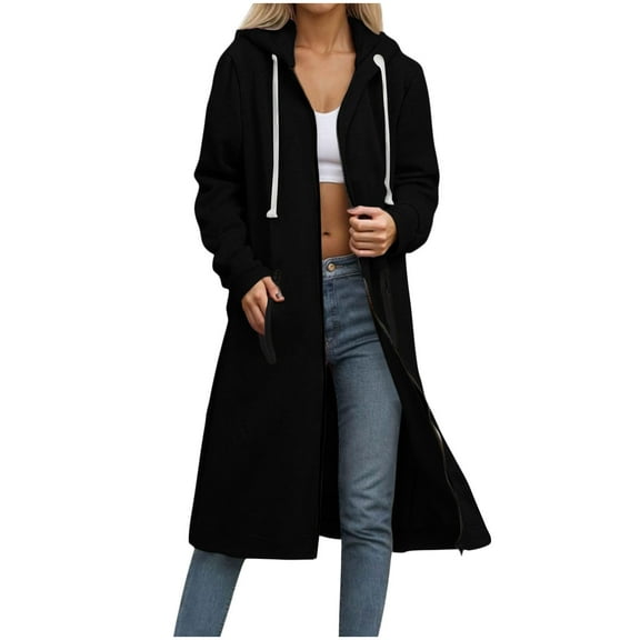 Ecqkame Hoodies For Women Fashion Comfortable Full Zip Up Hoodie Medium Length Long Sleeved Hooded Sweatshirts With Pockets Black S