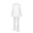 thumbnail image 5 of Women Sleepwear Pajamas Set Long Sleeve Tie-Up Button-Down Lapel Collar Tops High Waist Straight-Leg Feather Decor Pants Elegant Loungewear Outfits Sets, 5 of 10