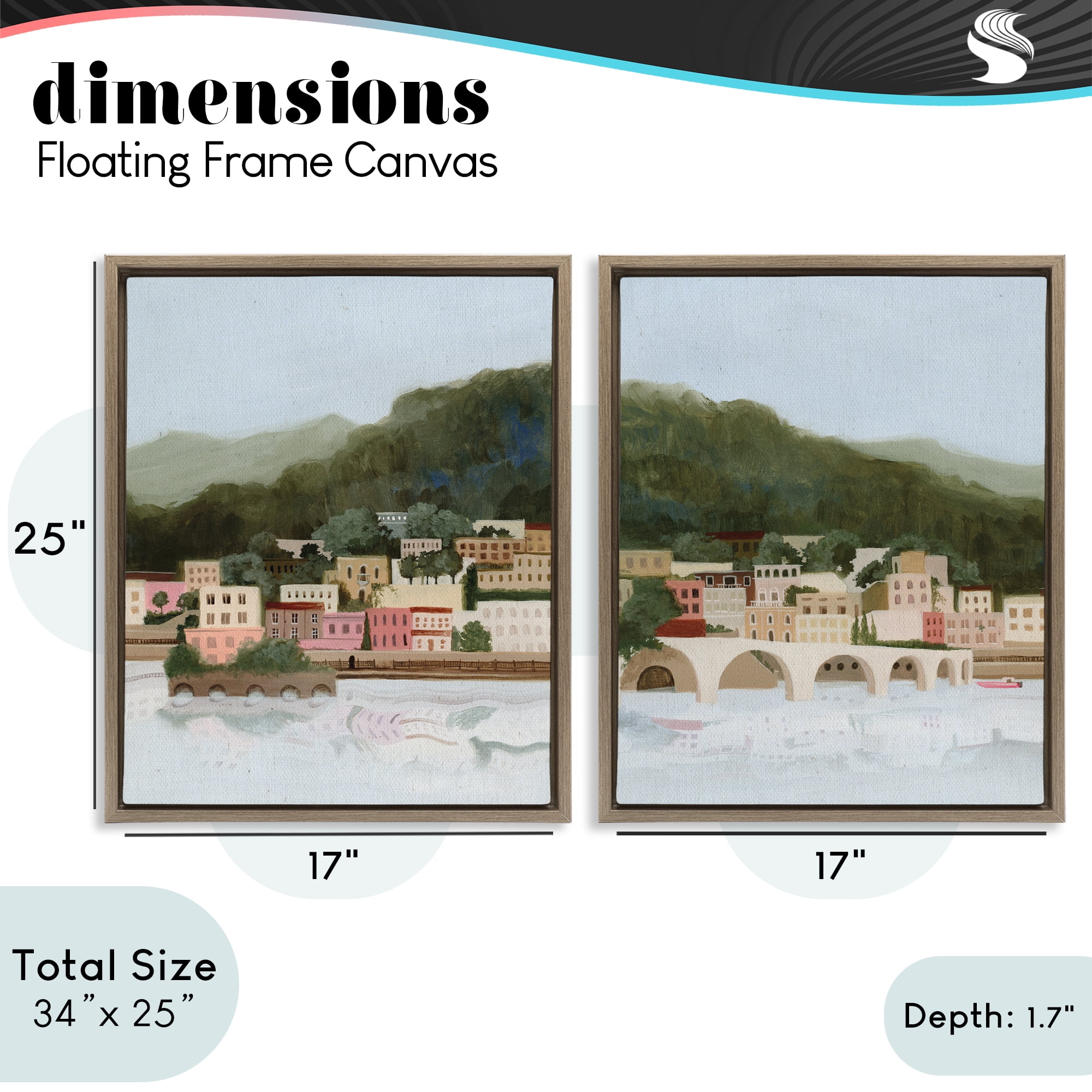 Stupell Industries Mountain Town by Sea 2 Piece Brown Framed Floater Canvas Set, design by Grace Popp