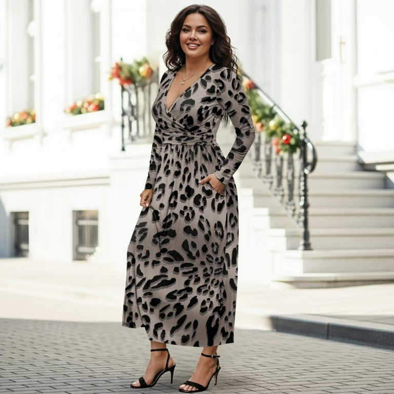 Fkelyi Black Leopard Print Fall Maxi Dress for Women Long Sleeve A-Line Flowy Dresses with Side Pockets V Neck Casual Dress for Spring Winter, M,