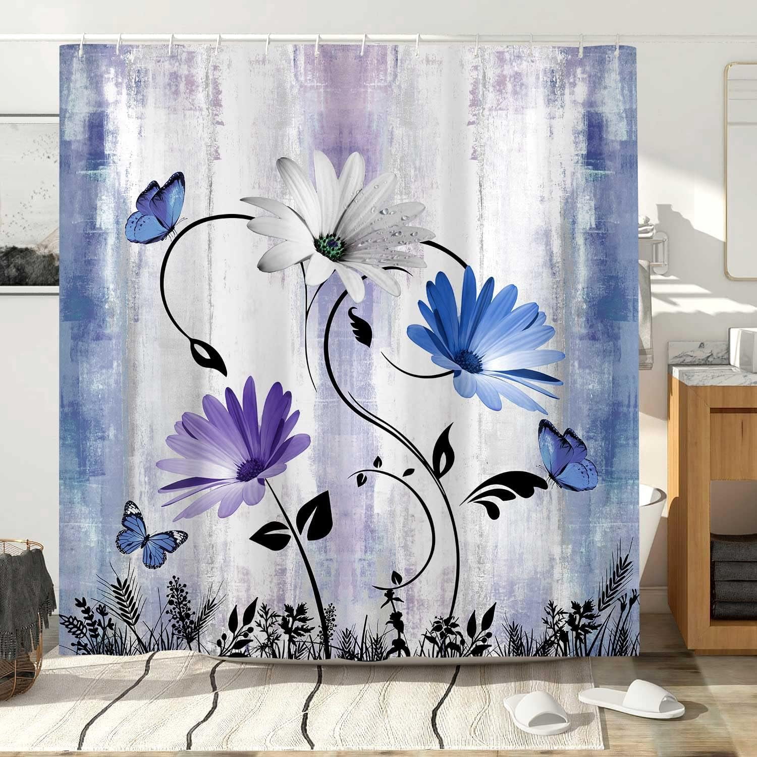 Rustic Farmhouse Shower Curtain for Bathroom, Farm Teal Daisy Floral Flowers and Butterfly on Country Wooden Bath Curtains, Turquoise Purple Blue Fabric Bathroom Decor Set with Hooks 36x72