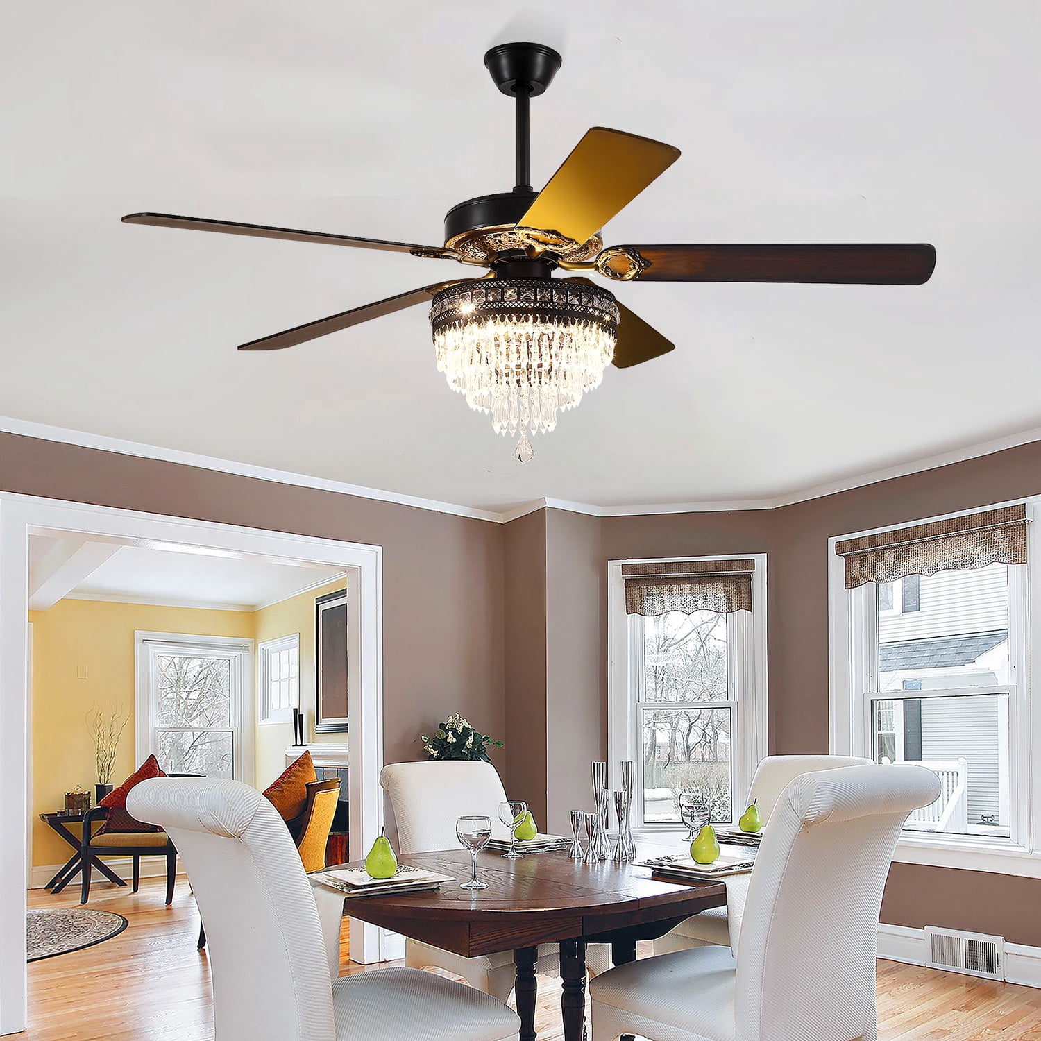 BayDay 62" Crystal Ceiling Fan with Lights, Remote Control, Noiseless DC Motor, Energy-Efficient, Retro/Farmhouse Style, Timer, Adjustable Speed for Living Room, Bedroom, Dining Room, Modern Fan