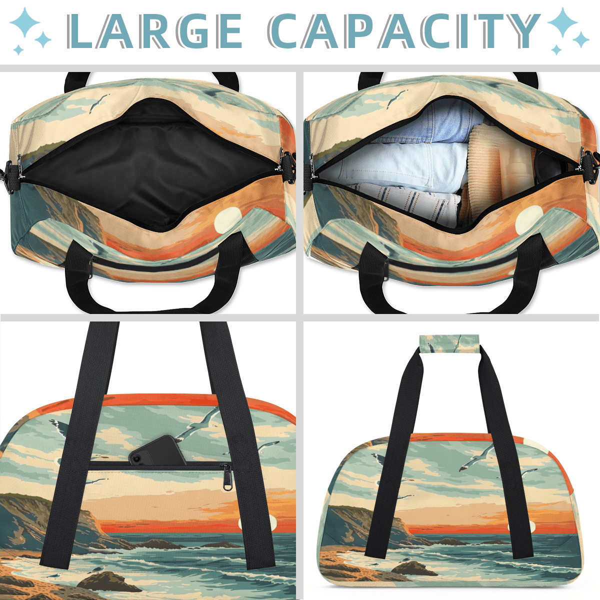 Herdesigns Summer Beach Coastal Sports Duffle Bag for Women & Men, Ocean Landscape Scenery Gym Bag Dance Bag Overnight Bag Carry On Weekender Travel Bag