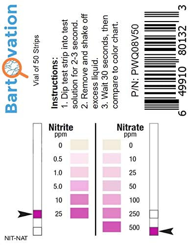 Nitrite 0-25 ppm, Nitrate 0-500 ppm Two Pad Plastic Test Strips [Vial of 50  Strips] 
