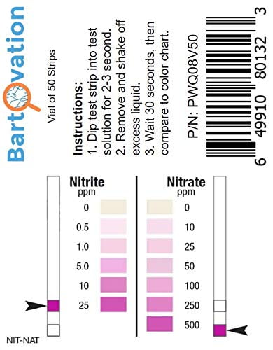 Nitrite 0-25 ppm, Nitrate 0-500 ppm Two Pad Plastic Test Strips [Vial of 50 Strips]