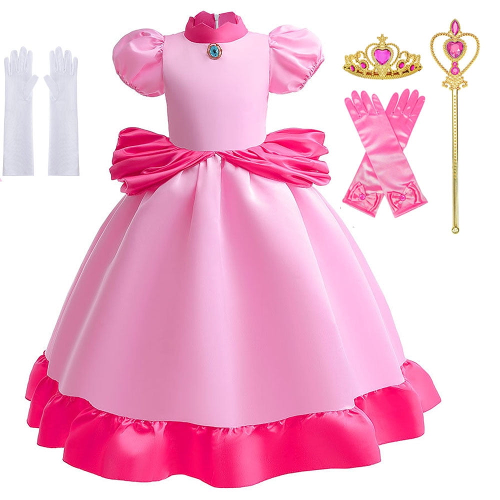 Princess Peach Dress For Girls Kids with Gloves Super Brother Cosplay