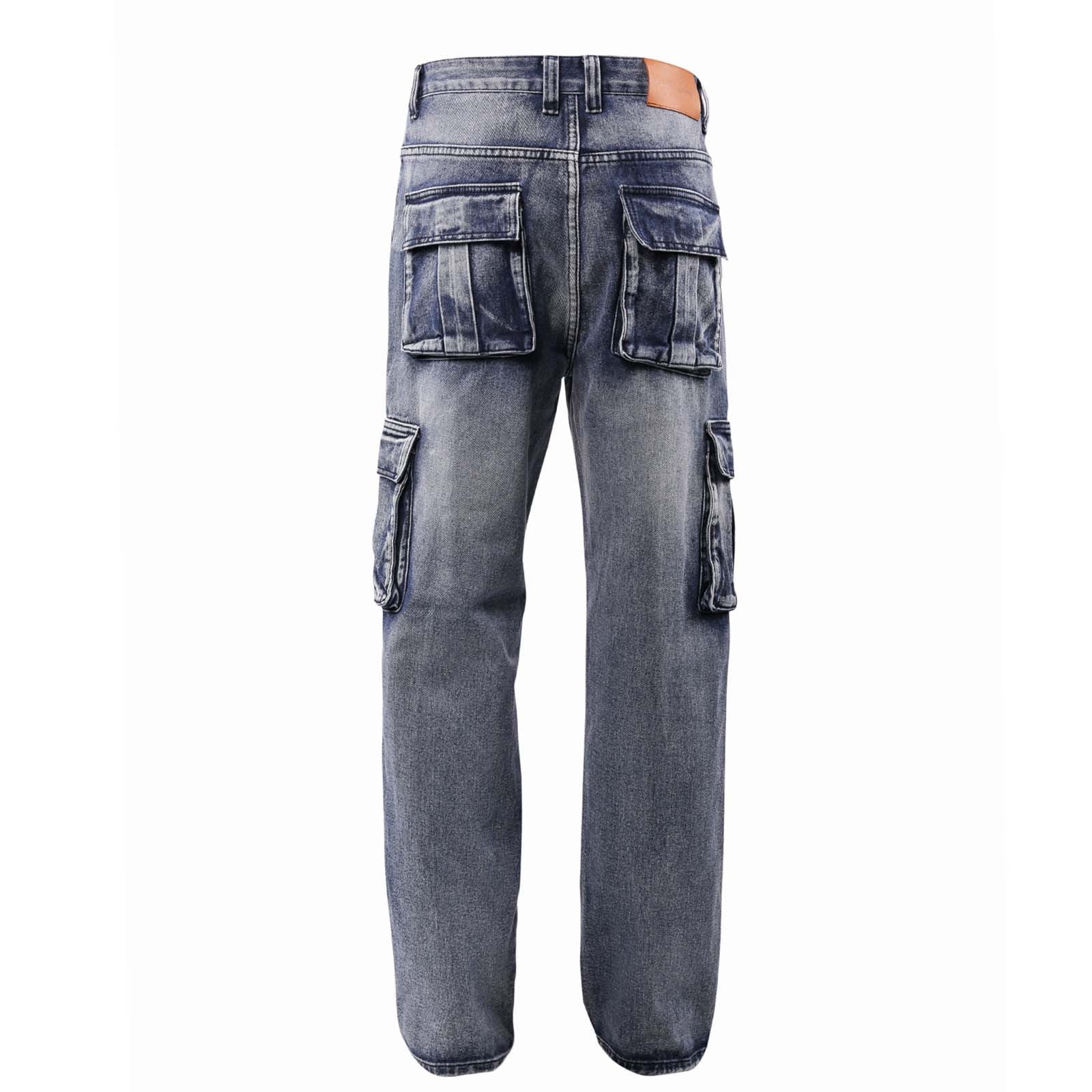 APEXFWDT Men's Cargo Jeans Multi-Pocket Straight-Leg Denim