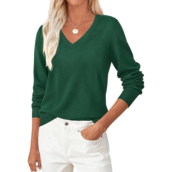 PRETTYGARDEN Women's V Neck Sweaters Fall Casual Long Sleeve Classic Pullover Cozy Knit Tops Loose Basic Winter Clothing