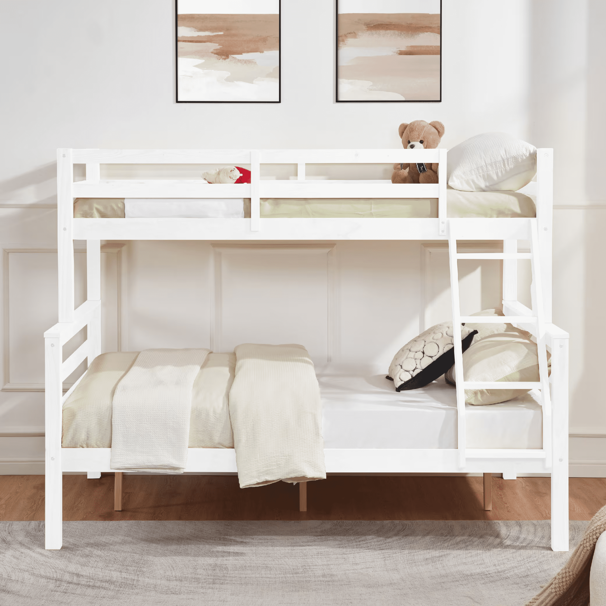 MAYEERTY Twin over Full Bunk Bed with Thick Posts, Wooden Bed Frame with High Guardrail and Ladder for Kids, No Box Spring Needed, White