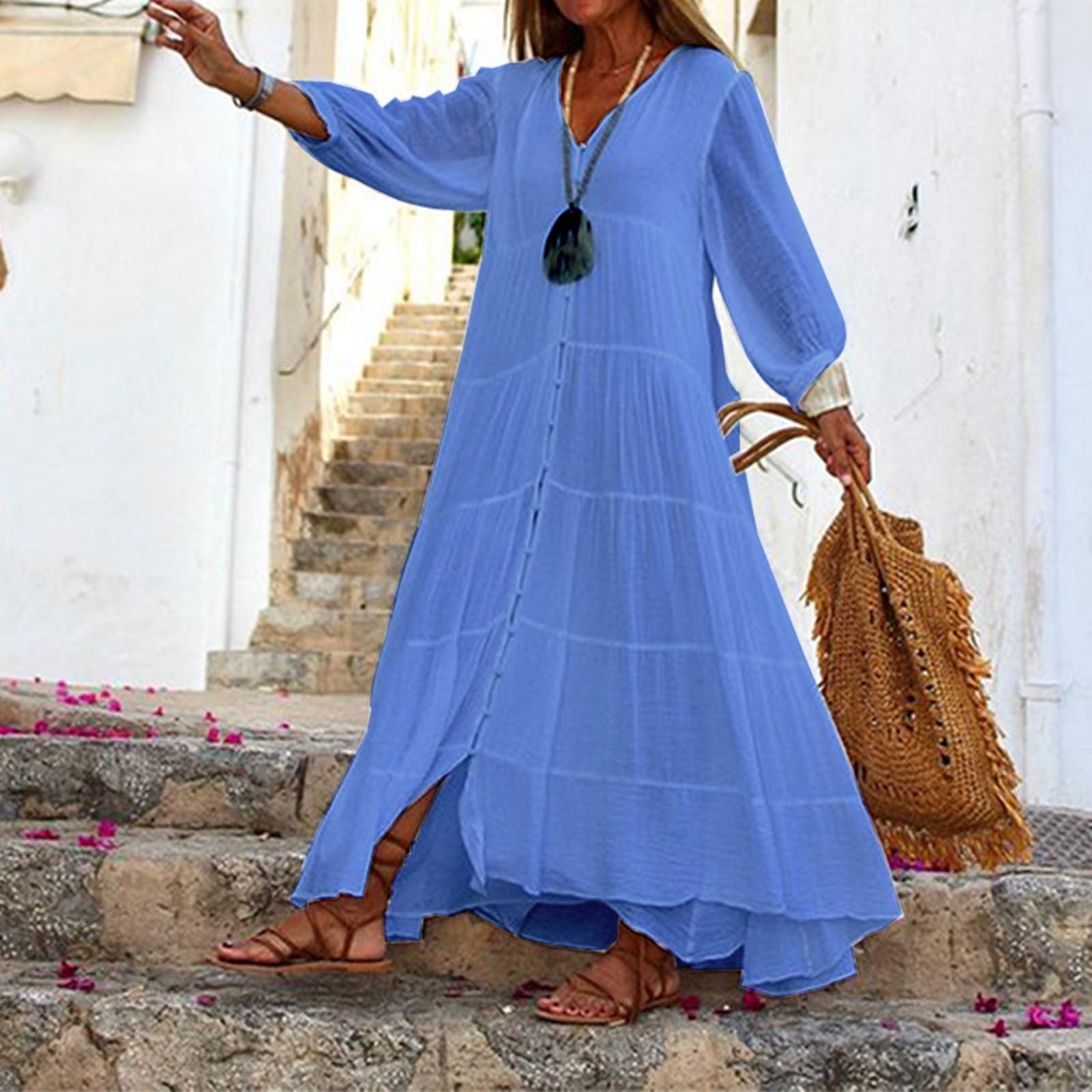BiZtdJrK Women's Cotton Linen Dress Button Down Long Sleeve V Neck Boho Dresses Casual Pleated Layered Beach Long Dress, Blue, L