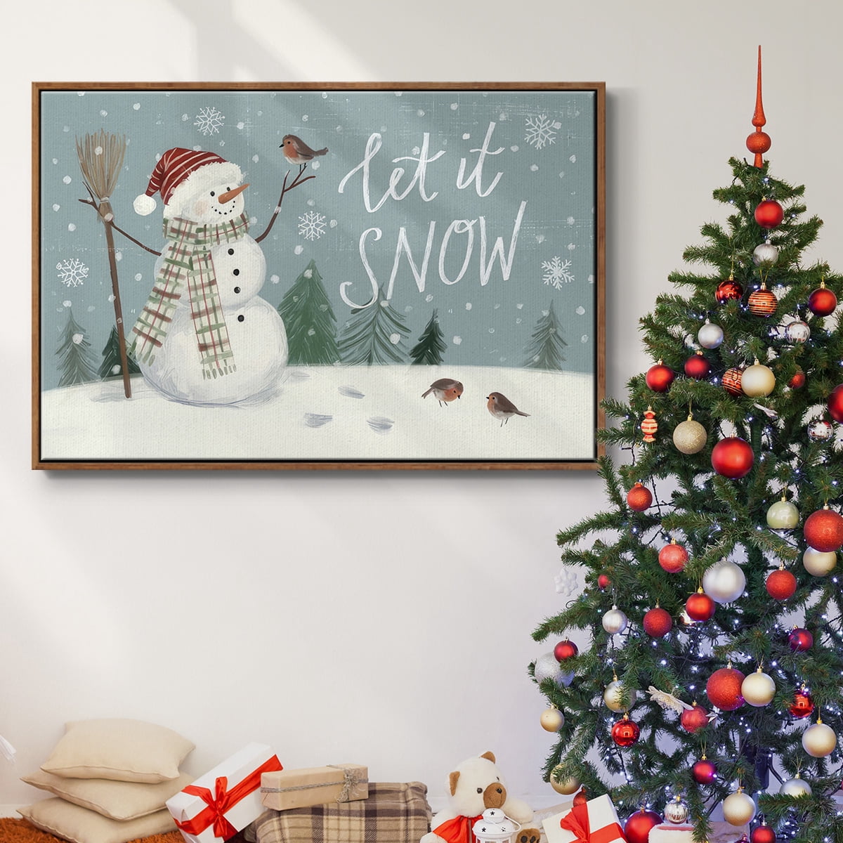 Jolly Snowman Collection A - Framed Gallery Wrapped Holiday Canvas - 25 x 37 - Rosewood Frame