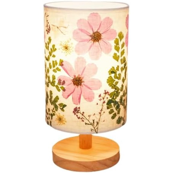 Dried Flowers Small Table Lamp 5W LED 3-Color Bedside Lamp Pressed Flowers Lampshade with Wood Base for Bedroom Living Room Desk Nursery