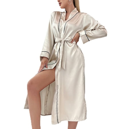 

Colisha Loose Lounge Robes for Women Lightweight Solid Color Bathrobe Soft Long Sleeve Pajamas Khaki L