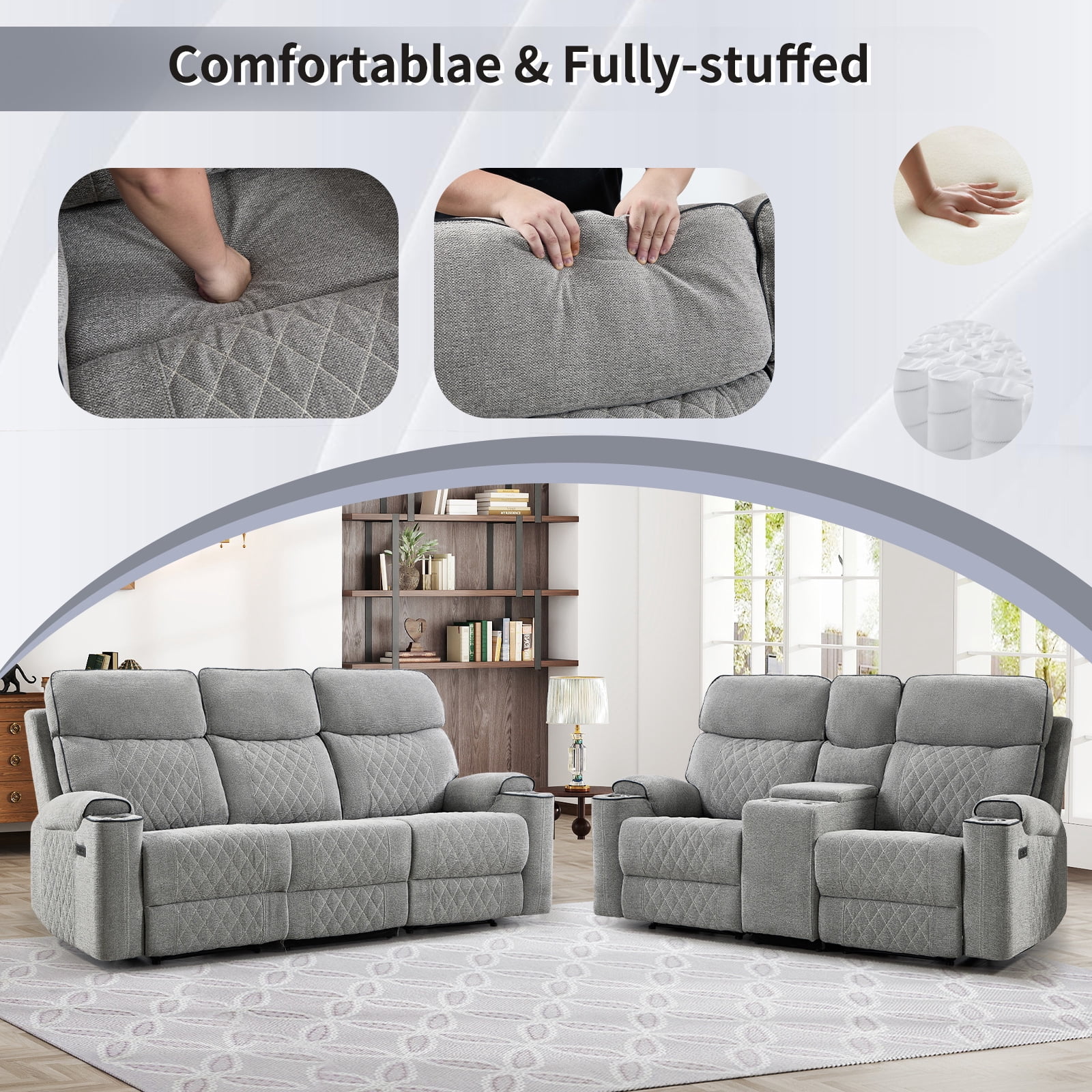 Bonzy Home Power Reclining Sofa Set — Fabric Electric Recliner Loveseat & 3 Seater Sofa Couch with Cup Holders, USB Type-C Charging Ports & Hidden Storage, 5 Seats, Light Grey