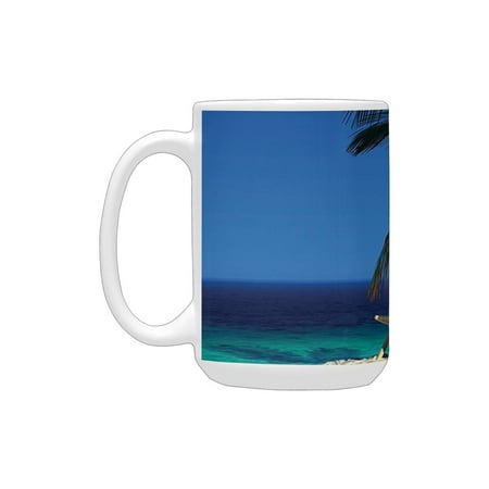 

Seaside Decor Chair Under A Palm Tree On A Small Uninhabited Tropical Island Clear Ocean Photo Green Ceramic Mug (15 OZ) (Made In USA)