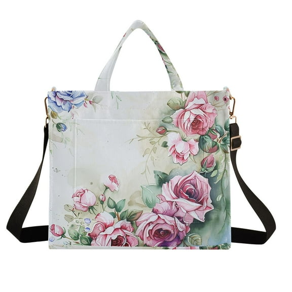 Roses Flowers Watercolor Corduroy Tote Bag Handbag Large Messenger Bag Shoulder Crossbody Zipper Bag Purse