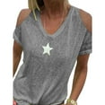 thumbnail image 3 of Women Summer Cold Shoulder Star Print Plus Size T-Shirt V Neck Solid Color Top, 3 of 7
