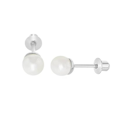 Rhodium Plated White Simulated Pearl Screw Back Baby Earrings