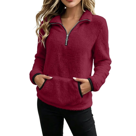 BUIGTTKLOP Fuzzy Fleece Sweatshirts for Women 1/4 Zip Pullover Tops Long Sleeve Shirts Thiken Winter Warm Pullovers with Pockets