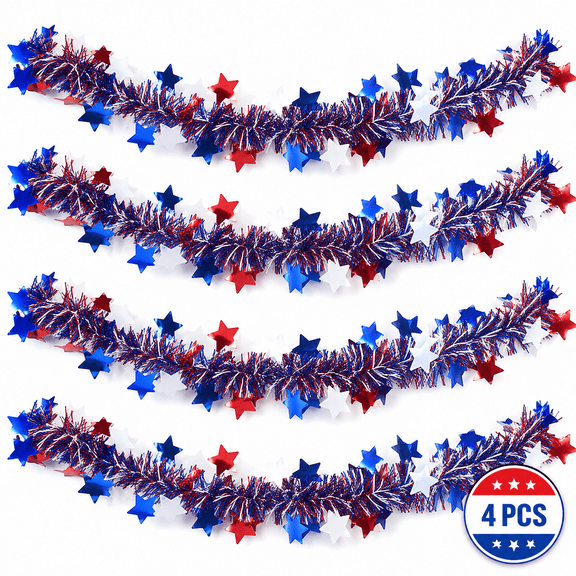Kabuer 4th of July Patriotic Hanging Tinsel Garland Red White Blue Hanging Decoration for Independence Day Patriotic Party 4pcs