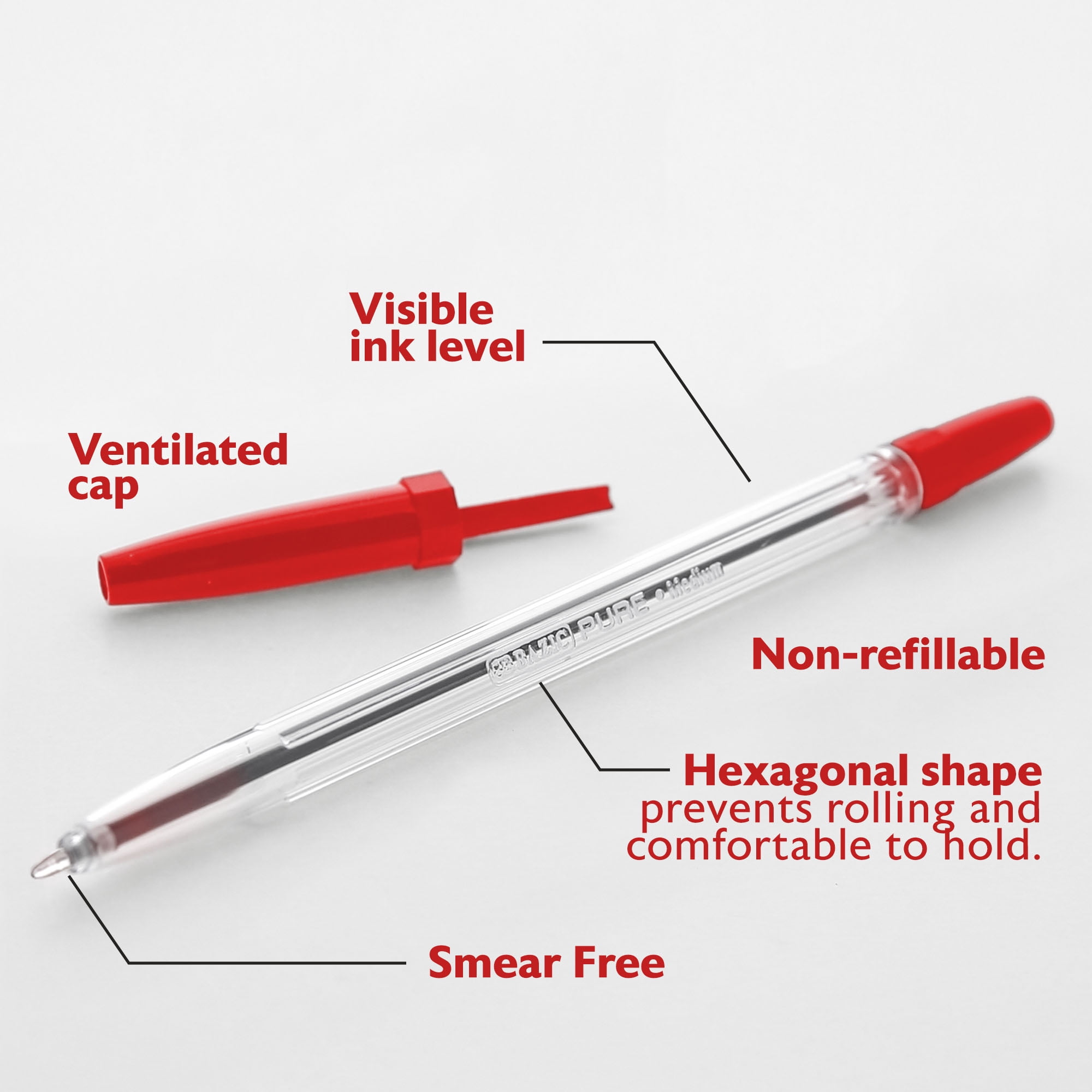 BAZIC Ballpoint Pen Pure Red Color Stick Pens, 1.0 mm, (12/Pack), 24-Pack