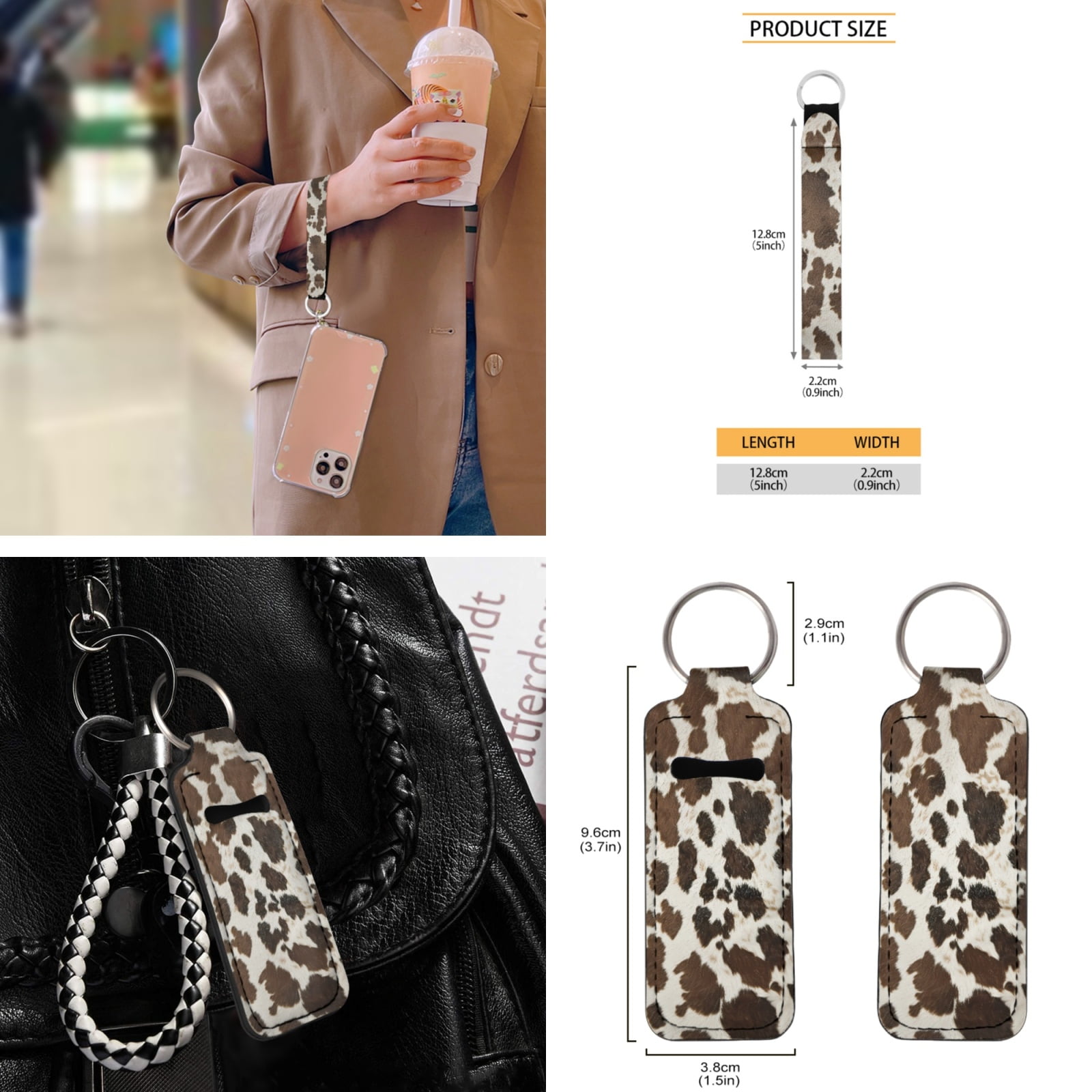 Yuyamidu 12 Pieces Car Seat Covers and Steering Wheel Cover Brown Cow Print Auto Seat Belt Strap Pad Cute Car Coasters Wrist Key Chain Chapstick Holder Keychain