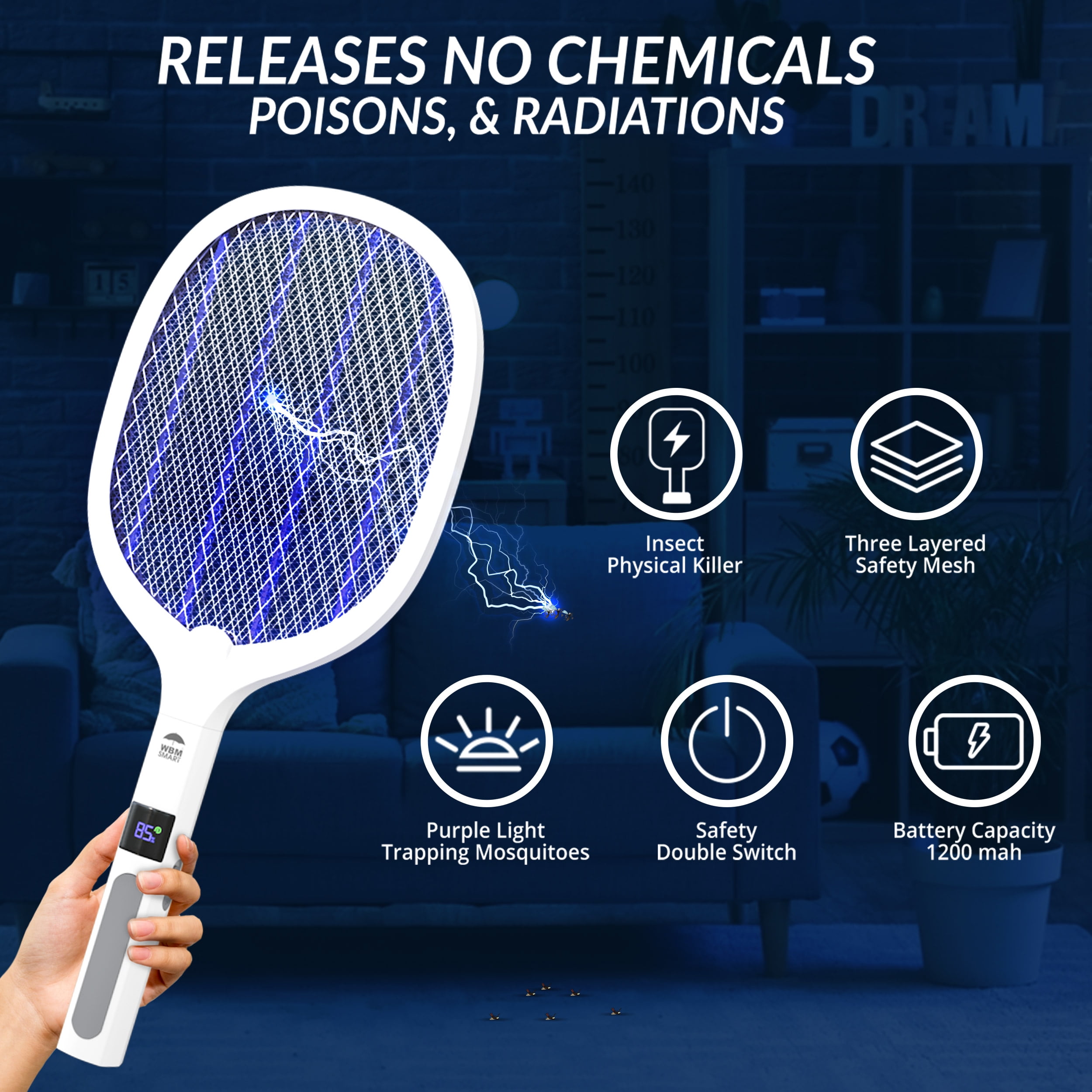 WBM Electric Bug Zapper, Portable Insect Killer, LED Light Fly Swatter for Home & Outdoor Use, White