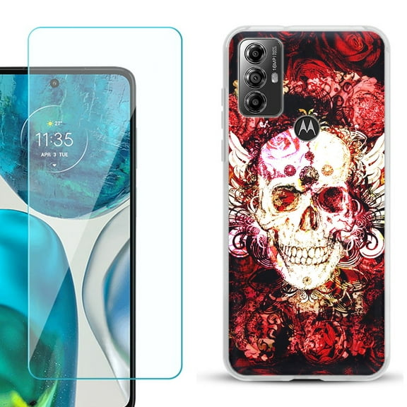 OneToughShield ® for Motorola Moto G Play 2023 Shockproof Fashion Phone Case, with Tempered Glass Screen Protector - Rose Skull
