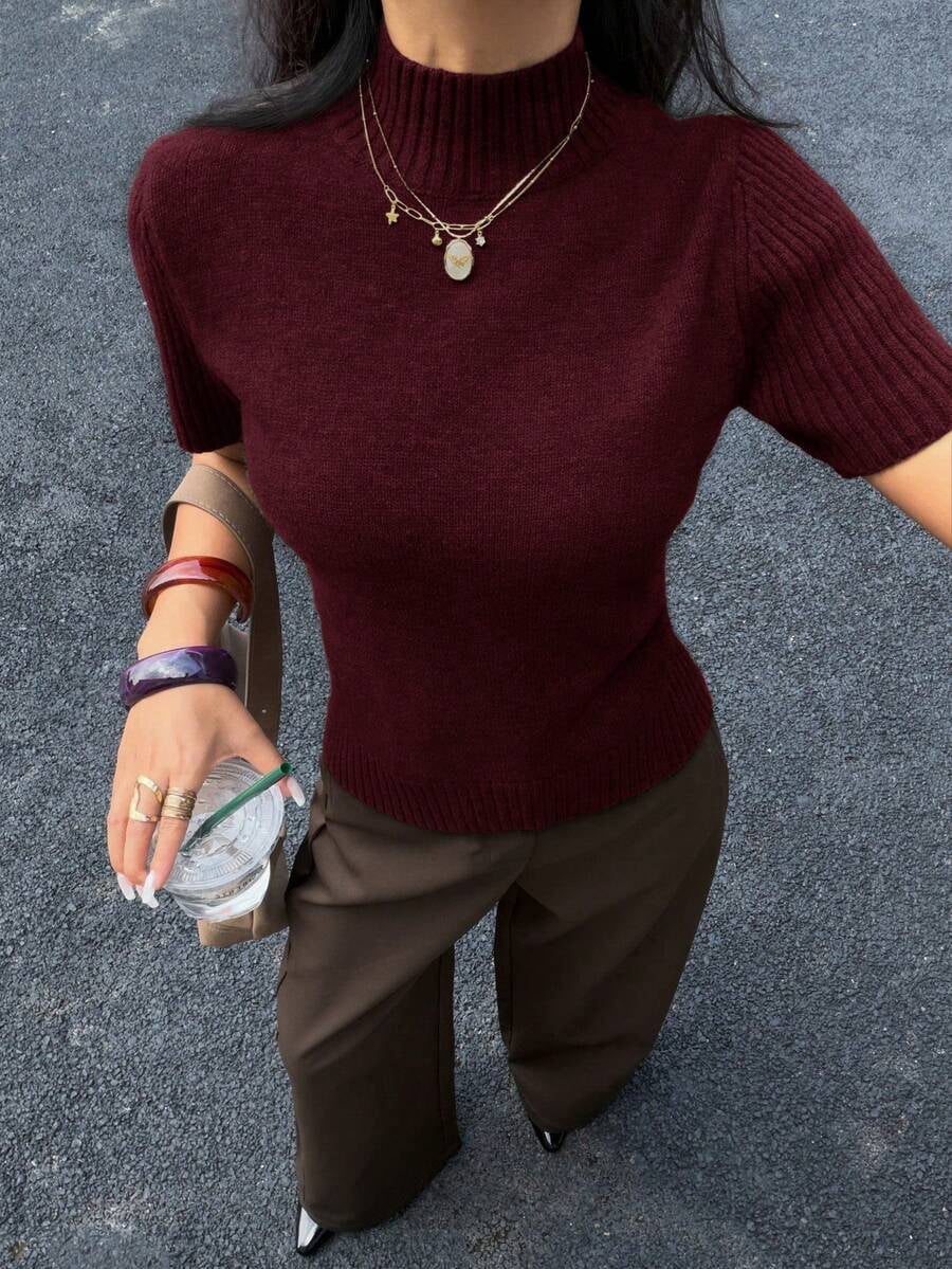 Women Solid Burgundy Short Sleeve Turtleneck Knit Top, Ribbed Texture Mock