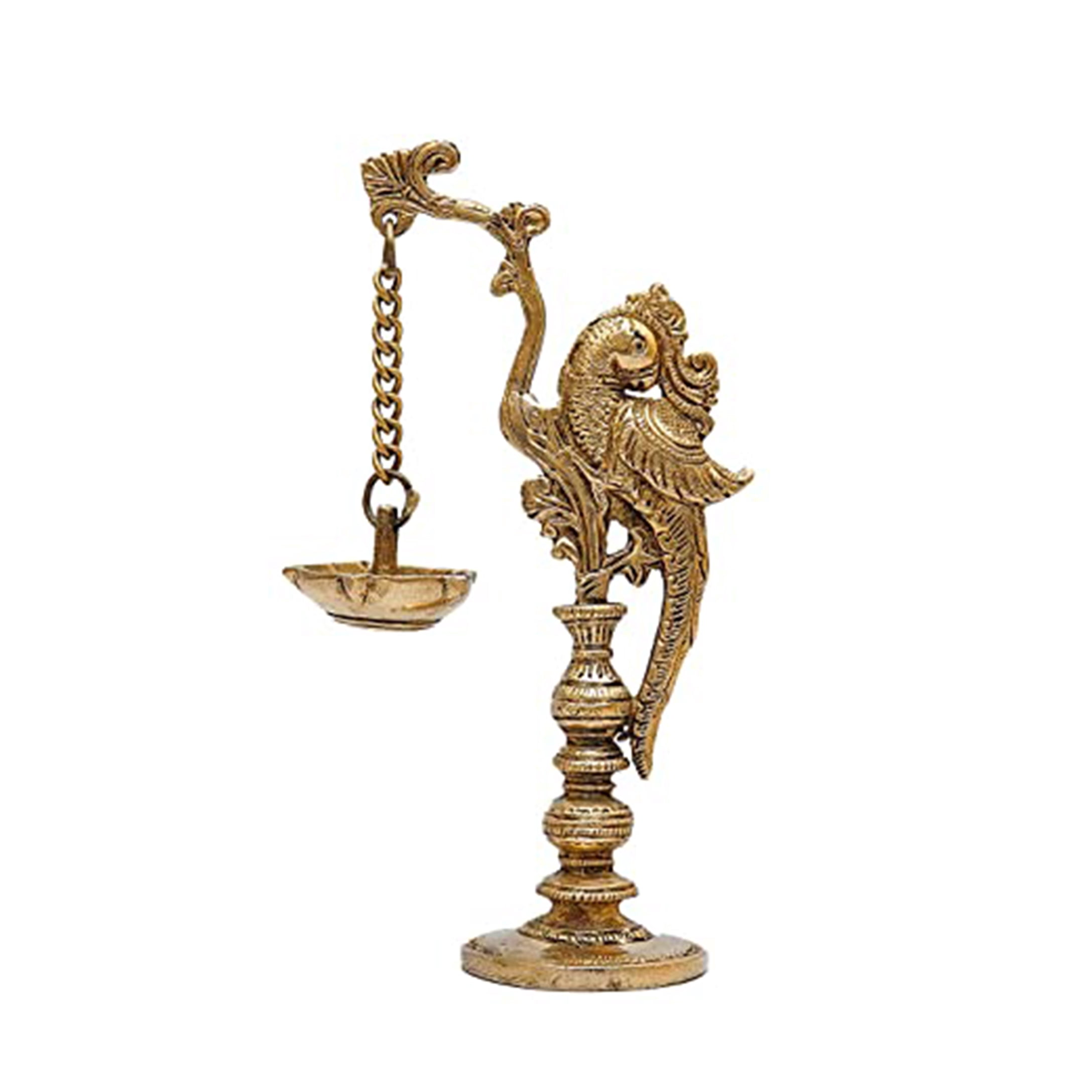 Brass World Brass Oil Lamp Diya with Hanging Parrot Stand for Festival Lighting Home Decor Temple Glossy Antique 8 Inch