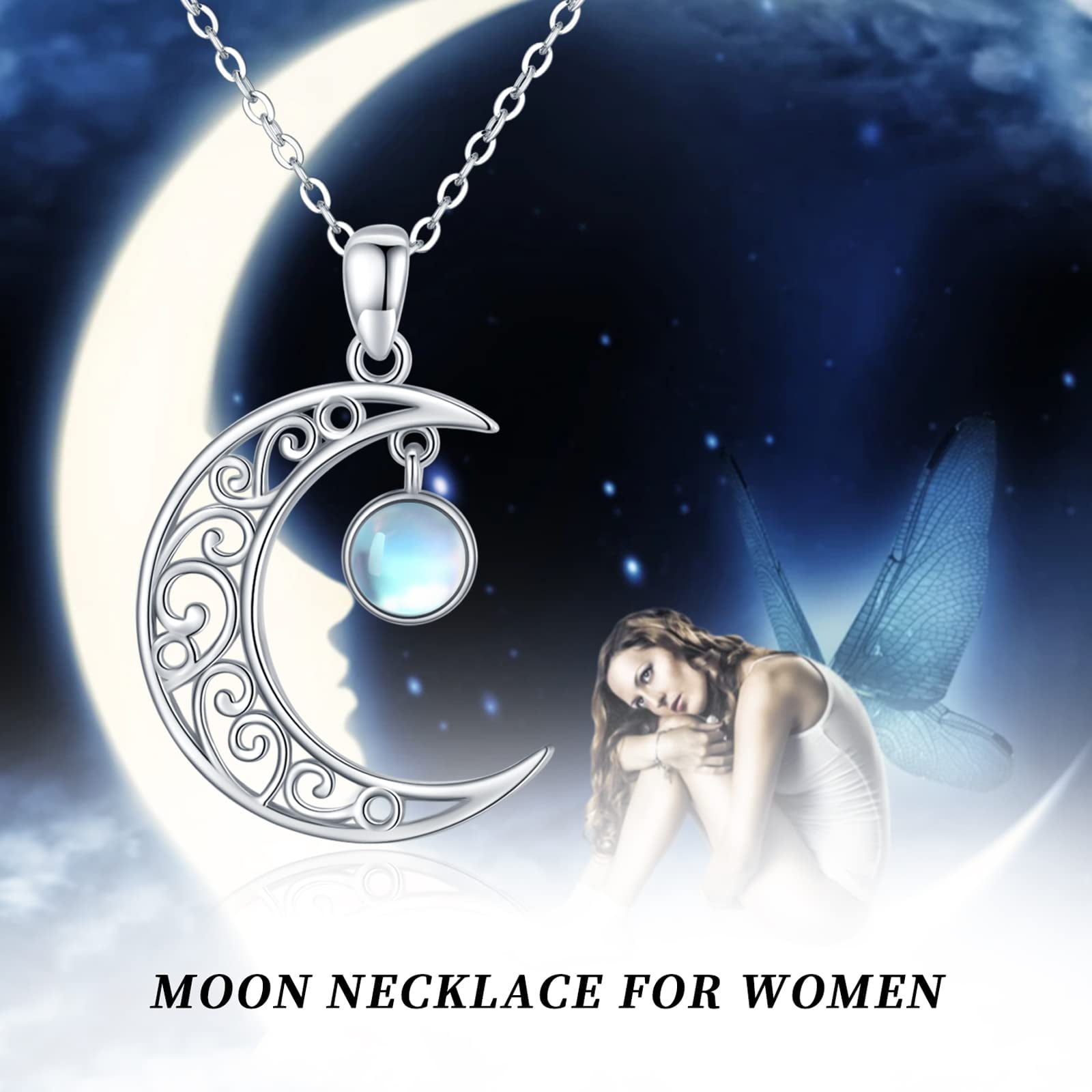 Midir&Etain Celtic Moon Necklace 925 Sterling Silver Celtic Moonstone Pendant Necklace Women's Crescent Jewelry Gift for Women