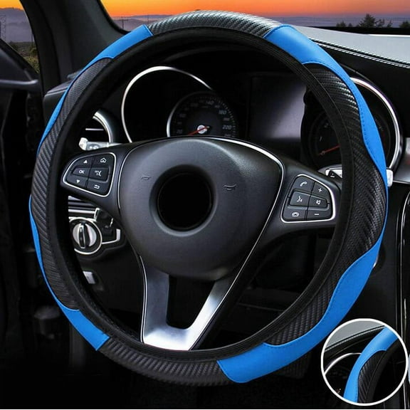 38CM Car Blue Black Carbon Fiber Leather Steering Wheel Cover Elastic Style