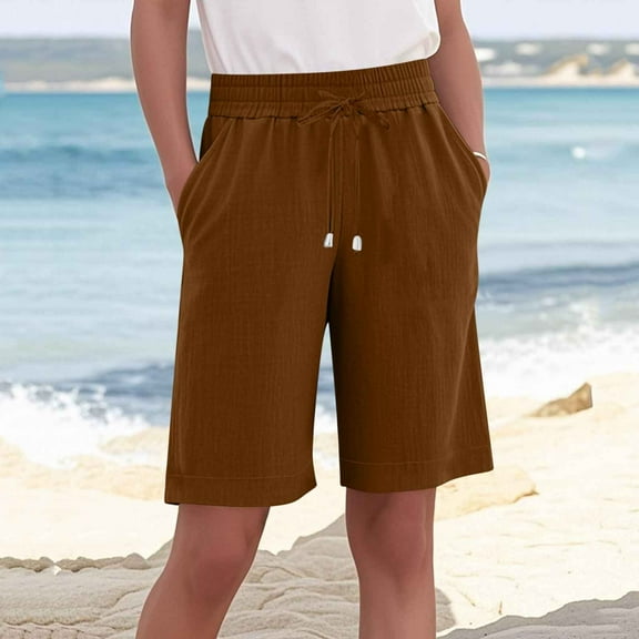 Nuoqisi Women's Elastic Waist Knee Length Casual Summer Loose Fitted Solid Bermuda Shorts with Pockets Drawstring 2026