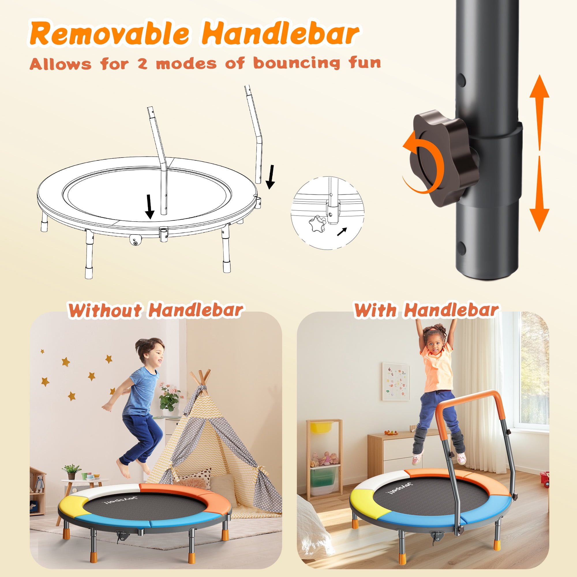 3FT Foldable Trampoline for Kids Ages 1-6 Indoor Outdoor Fun, 36” Mini Small Trampoline with Foam Handle, Safety Padded Cover, Height-Adjustable, Max Load 100LBS, Perfect Toddler Baby Jumping Mat