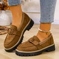 thumbnail image 2 of Women's Platform Loafers Wide Width, Suede Metal Buckle Casual Shoes, Chunky Sole Low Heel Dress Shoes for Fall, Brown/Dark Brown, 2 of 10