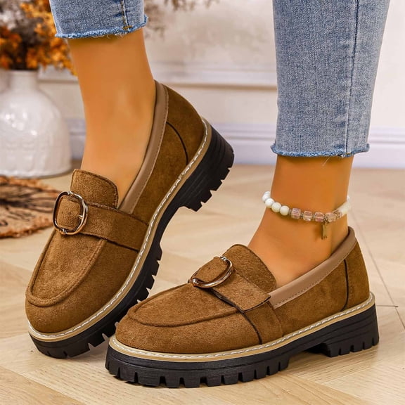 Wowcloth Women's Retro Loafers – Comfortable Round Toe Slip-On with Buckle Closure for Casual Fashion Wear