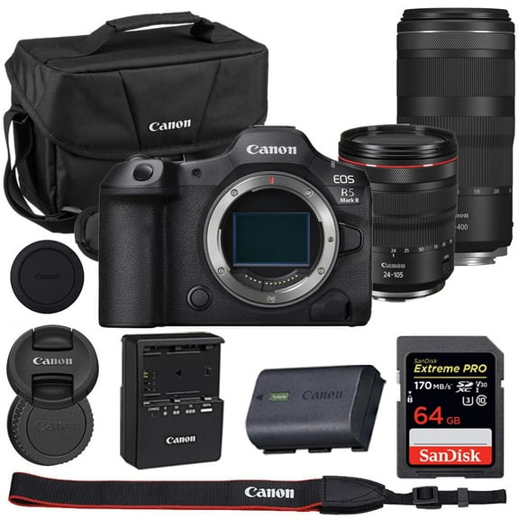 Canon EOS R5 Mark II Mirrorless Camera with 24-105mm f/4 & 100-400mm Lens Bundle with Canon 200ES EOS Shoulder Bag   64GB Extreme PRO Memory Card