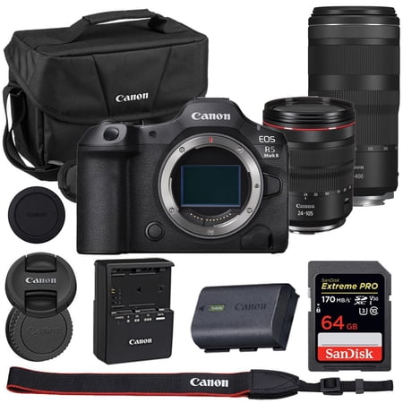 Canon EOS R5 Mark II Mirrorless Camera with 24-105mm f/4 & 100-400mm Lens Bundle with Canon 200ES EOS Shoulder Bag + 64GB Extreme PRO Memory Card