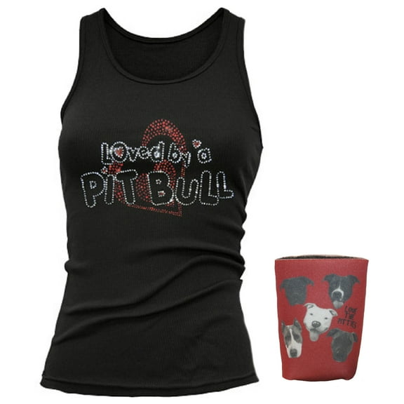Loved By A Pit Bull Women Bling Fitted Tank Top & Can Holder-Multi-pack Pitbull Accessories (Small)