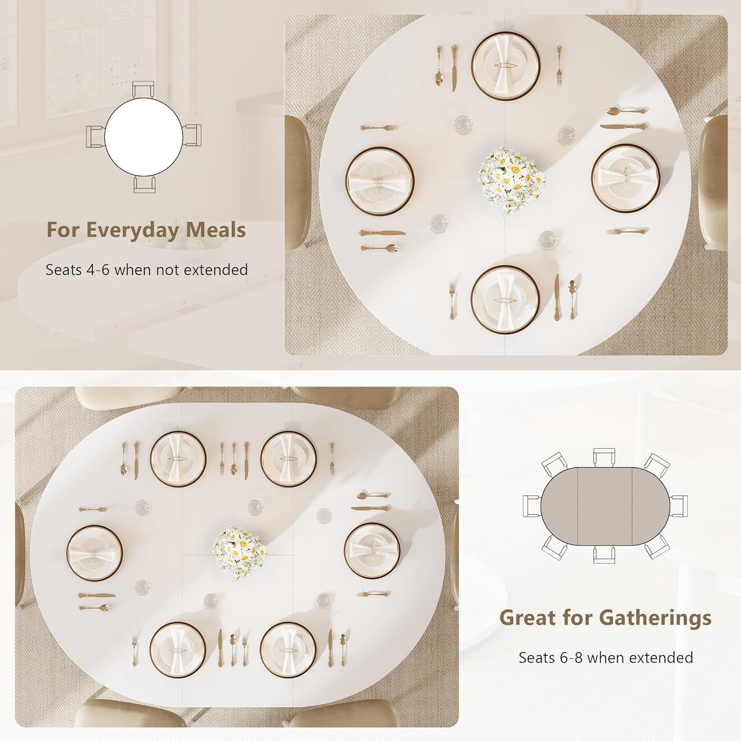 Virans 43.3"-59" Extendable Round Dining Table for 6-8,Kitchen Table with MDF,Modern Dinner Table for Dining Rooms,Living Rooms,White