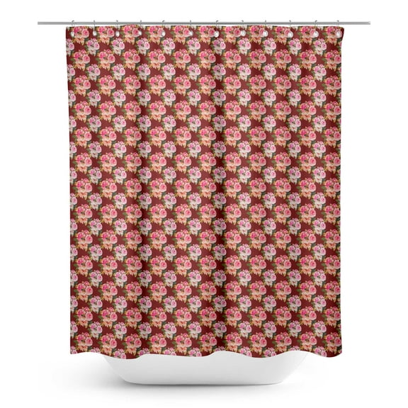 S4Sassy Red Stripe & Ranunculus Floral Decorative Waterproof Printed Shower Curtain Roller Hooks Drapes-60 x 70 Inch
