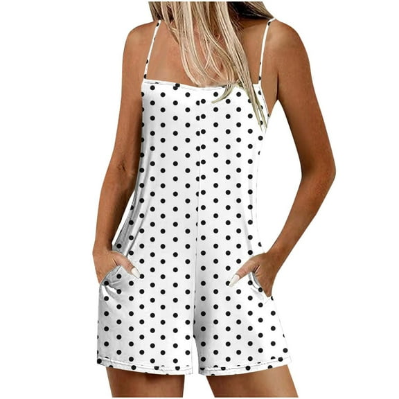 Lenpel Women's Summer Sleeveless Rompers Spaghetti Strap Square Neck Printed Casual Jumpsuits Loose Short Overalls with Pockets