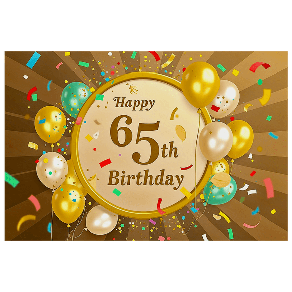Round Happy 65th Birthday Banner with Balloons and Confetti Background Party Supplies Photography Props Birthday Decoration Backdrop Decor