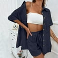 thumbnail image 5 of ZJXFGS Linen Short Sets for Women Beach Vacation Outfits Lounge Tracksuits Fashion Cardigan Short Sleeve Shorts 2 Piece Set Woman Navy L, 5 of 6