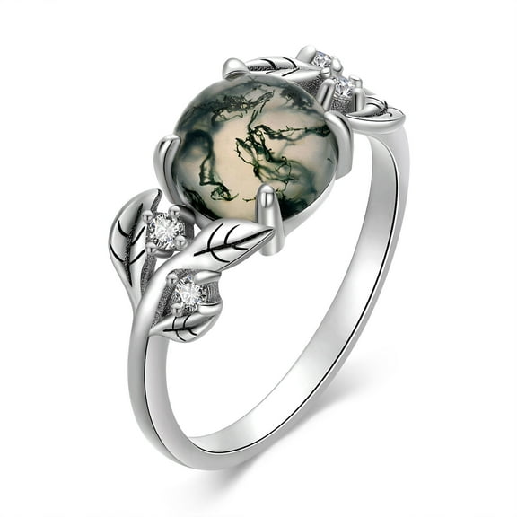 JUSORA Leaf Moss Agate Ring For Women Sterling Silver Round Cut 8 MM Solitaire Ring Healing Jewelry Gift (#8)